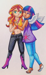 Size: 556x900 | Tagged: safe, artist:rohinar, sunset shimmer, twilight sparkle, equestria girls, g4, my little pony equestria girls: rainbow rocks, belly button, female, humanized, lesbian, midriff, ship:sunsetsparkle, shipping, traditional art, twilight sparkle (alicorn), winged humanization