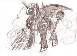 Size: 2337x1694 | Tagged: safe, artist:cahook2, nightmare moon, g4, chaos, crossover, female, horus lupercal, lightning claw, mace, monochrome, power armor, primarch, solo, talon of horus, traditional art, warhammer (game), warhammer 40k, worldbreaker