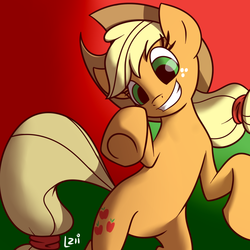 Size: 1024x1024 | Tagged: safe, artist:elzielai, applejack, earth pony, pony, g4, female, grin, rearing, solo, underhoof