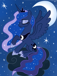 Size: 1536x2048 | Tagged: dead source, safe, artist:aurora69rainbow, princess luna, g4, closed mouth, cloud, crescent moon, crown, ethereal hair, ethereal mane, ethereal tail, eyes closed, eyeshadow, female, hoof shoes, jewelry, makeup, moon, night, night sky, on a cloud, peytral, princess shoes, raincloud, raised hoof, regalia, sitting, sitting on a cloud, sky, smiling, solo, sparkly mane, sparkly tail, spread wings, starry mane, starry night, starry tail, tail, tiara