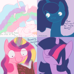 Size: 2000x2000 | Tagged: safe, artist:lakanakana, princess cadance, princess celestia, princess luna, twilight sparkle, friendship is witchcraft, g4, alicorn tetrarchy, alternate hairstyle, bangs, book, hair over eyes, high res, long mane, open mouth, shipper on deck, smiling, text, twilight sparkle (alicorn), wide eyes, windswept mane