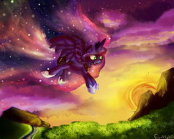 Size: 1280x1024 | Tagged: safe, artist:nyabird, princess luna, g4, female, flying, solo, sunset, twilight (astronomy)