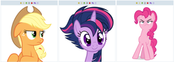 Size: 769x274 | Tagged: safe, applejack, pinkie pie, twilight sparkle, alicorn, pony, derpibooru, castle sweet castle, g4, my little pony: friendship is magic, alternate hairstyle, exploitable meme, juxtaposition, juxtaposition win, meme, meta, punklight sparkle, simple background, twilight sparkle (alicorn), vector, white background