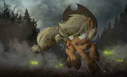 Size: 2700x1642 | Tagged: safe, artist:ncmares, applejack, pony, timber wolf, g4, dirty, female, glowing eyes, mud, open mouth, raised hoof, solo