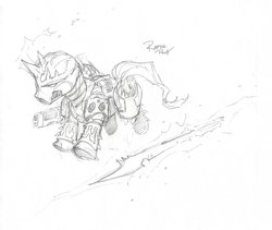 Size: 1024x865 | Tagged: safe, artist:poniesofthekeene, chaos raptor, chaos space marine, flying, monochrome, ponified, power armor, warhammer (game), warhammer 40k