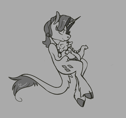Size: 1190x1112 | Tagged: safe, artist:enma-darei, rarity, spike, classical unicorn, cloven hooves, elusive, gay, half r63 shipping, leonine tail, male, monochrome, rule 63, shipping, sketch, sparity, spelusive