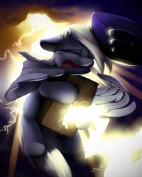 Size: 900x1125 | Tagged: safe, artist:moonlitbrush, derpy hooves, pegasus, pony, g4, crying, female, lightning, mailmare, mare, package, pain, rain, solo, thunderbolt