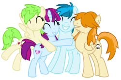 Size: 886x588 | Tagged: safe, artist:berrypunchrules, cherry crash, mystery mint, thunderbass, valhallen, earth pony, pegasus, pony, unicorn, g4, background human, equestria girls ponified, female, hug, male, ponified, rockers, thunderstruck (band)