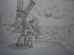 Size: 4000x3000 | Tagged: safe, artist:panzerwaffe, fluttershy, parasprite, tau, g4, battle suit, broadside, crossover, drone, monochrome, railgun, traditional art, warhammer (game), warhammer 40k, xv88 broadside battlesuit