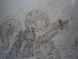 Size: 4000x3000 | Tagged: safe, artist:panzerwaffe, pinkie pie, g4, cannon, chaos, crossover, party cannon, pie, power armor, traditional art, warhammer (game), warhammer 40k