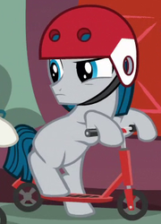 Size: 261x362 | Tagged: safe, screencap, burnin' rubber, earth pony, pony, g4, twilight time, colt, foal, helmet, male, scooter, solo