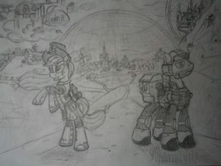 Size: 4000x3000 | Tagged: safe, artist:panzerwaffe, applejack, big macintosh, earth pony, pony, g4, armor, canterlot, cloudsdale, crossover, imperial guard, imperium of man, inquisition, male, monochrome, ponyville, stallion, traditional art, warhammer (game), warhammer 40k
