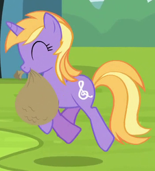 Size: 354x392 | Tagged: safe, screencap, lilac notes, pony, unicorn, g4, season 4, trade ya!, background pony, bag, cropped, eyes closed, female, mare, mouth hold, skipping, smiling, solo