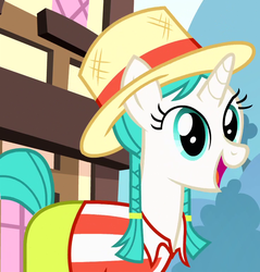 Size: 736x770 | Tagged: safe, screencap, fair way, pony, unicorn, g4, pinkie pride, boater, braid, clothes, cropped, female, hat, mare, pinkie the party planner, shirt, smiling, twin braids