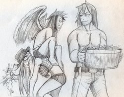 Size: 600x468 | Tagged: safe, artist:thebestjojo, applejack, big macintosh, rainbow dash, human, g4, angry, barefoot, bedroom eyes, clothes, eye contact, feet, female, humanized, male, midriff, monochrome, open mouth, raised eyebrow, ship:rainbowmac, shipping, shorts, sitting, smiling, smirk, spread wings, straight, topless, traditional art, wide eyes, winged humanization