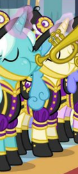 Size: 139x309 | Tagged: safe, screencap, clarion call, cornetta, pony, unicorn, a canterlot wedding, g4, background pony, clothes, eyes closed, female, magic, marching band uniform, mare, musical instrument, puffy cheeks, trumpet, uniform, unnamed character, unnamed pony