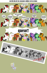 Size: 1024x1575 | Tagged: safe, artist:aborrozakale, derpy hooves, oc, oc only, oc:appletart longshot, oc:blackjack, oc:calamity, oc:littlepip, oc:puppysmiles, oc:radiant star, oc:velvet remedy, oc:violet iris, alicorn, earth pony, pegasus, pony, unicorn, fallout equestria, alicorn oc, battle saddle, clothes, comic, fanfic, fanfic art, female, filly, gun, hat, hearth's warming eve, jumpsuit, male, mare, pipbuck, pointy ponies, que?, spanish, stallion, vault suit, wat, weapon