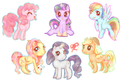 Size: 900x595 | Tagged: safe, artist:pasuteru-usagi, applejack, fluttershy, pinkie pie, rainbow dash, rarity, spike, twilight sparkle, earth pony, pegasus, pony, unicorn, g4, book, bow, colored hooves, cute, female, glowing horn, horn, looking at you, mane seven, mane six, mare, outline, simple background, spread wings, tongue out, white background, wings