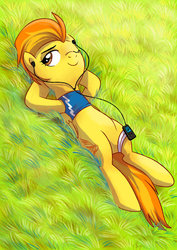 Size: 752x1063 | Tagged: safe, artist:yulyeen, spitfire, pegasus, pony, g4, female, grass, ipod, leg strap, on back, one eye closed, relaxing, solo