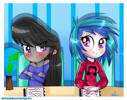 Size: 1600x1263 | Tagged: safe, artist:vixelzf, dj pon-3, octavia melody, vinyl scratch, equestria girls, g4, blushing, cute, female, lesbian, octavia is not amused, ship:scratchtavia, shipping, shoulderless, tavibetes, tsundere, tsuntavia, unamused, vinylbetes