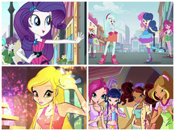 Size: 1024x768 | Tagged: safe, edit, edited screencap, screencap, bon bon, cheerilee, derpy hooves, indigo wreath, lyra heartstrings, rarity, sweetie drops, tennis match, equestria girls, g4, my little pony equestria girls: rainbow rocks, aisha, background human, belly button, comparison, flora (winx club), layla, midriff, musa, nickelodeon, rainbow s.r.l, stella (winx club), tecna, winx, winx club