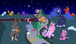 Size: 1000x579 | Tagged: safe, artist:magerblutooth, diamond tiara, princess luna, tiberius, oc, oc:dazzle, cat, g4, collar, dream, dream walker luna, multiple personality, pet, pet oc