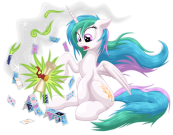 Size: 3300x2560 | Tagged: safe, artist:ohemo, princess celestia, alicorn, pony, g4, card, dragon mail, female, fire, friendship report, green fire, high res, house of cards, loose hair, mare, open mouth, ruined, scroll, simple background, solo, startled, transparent background