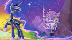 Size: 1920x1080 | Tagged: safe, artist:erica693992, princess luna, alicorn, pony, g4, canterlot, canterlot castle, ethereal mane, female, looking back, night, scenery, solo, stars, wow