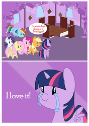 Size: 1280x1810 | Tagged: safe, artist:estrill, applejack, fluttershy, pinkie pie, rainbow dash, rarity, twilight sparkle, alicorn, pony, castle sweet castle, g4, book, comic, crying, female, mane six, mare, scene parody, that pony sure does love books, twilight sparkle (alicorn), twilight's castle