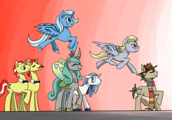 Size: 1000x700 | Tagged: safe, artist:graiant, derpy hooves, doctor whooves, flam, flim, queen chrysalis, shining armor, time turner, trixie, alicorn, earth pony, pegasus, pony, unicorn, ask mirror whooves, g4, bright eyes (mirror universe), female, fourth doctor, male, mirror universe, race swap, reversalis, ship:shining chrysalis, shipping, straight, tom baker, trixiecorn