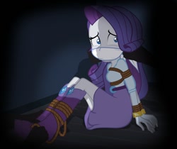 Size: 974x820 | Tagged: safe, artist:radiantrealm, rarity, equestria girls, g4, bondage, boots, breast bondage, breasts, cloth gag, female, gag, imminent rape, kidnapped, rope, rope bondage, scared, shoes, show accurate, solo, this will end in tears, tied up