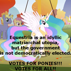 Size: 500x500 | Tagged: dead source, safe, edit, edited screencap, screencap, candy mane, ponet, princess celestia, alicorn, pony, fall weather friends, g4, feministmylittlepony, image macro, meme, op is a duck