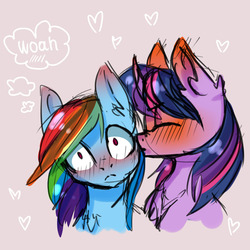 Size: 1280x1280 | Tagged: safe, artist:yanshiki, rainbow dash, twilight sparkle, g4, blushing, female, kissing, lesbian, ship:twidash, shipping, thought bubble