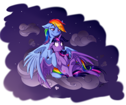 Size: 1200x1000 | Tagged: safe, artist:mingraine, rainbow dash, twilight sparkle, alicorn, pegasus, pony, g4, cloud, cloudy, duo, duo female, female, lesbian, mare, ship:twidash, shipping, twilight sparkle (alicorn), underhoof