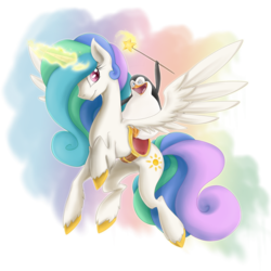 Size: 1500x1500 | Tagged: safe, artist:mingraine, princess celestia, alicorn, bird, penguin, pony, g4, crossover, cute, dreamworks, female, flying, glowing horn, horn, lunacorn, madagascar (dreamworks), magic, magic wand, mare, open mouth, private (madagascar), riding, riding a pony, saddle, simple background, smiling, spread wings, the penguins of madagascar, transparent background, unshorn fetlocks, wand, wholesome
