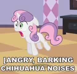 Size: 313x301 | Tagged: safe, sweetie belle, pony, unicorn, g4, barking, behaving like a dog, caption, descriptive noise, female, filly, foal, horn, image macro, meme, solo