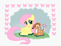 Size: 2508x1900 | Tagged: safe, artist:antoyuju, fluttershy, butterfly, g4, bambi, blushing, crossover, cuddling, cute, daaaaaaaaaaaw, grin, happy, prone, shadow, shyabetes, smiling