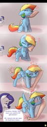 Size: 1800x4800 | Tagged: dead source, safe, artist:captainpudgemuffin, rainbow dash, rarity, human, pegasus, pony, unicorn, g4, :<, bedroom eyes, behaving like a cat, blushing, caught, chest fluff, comic, cute, dashabetes, embarrassed, eyes closed, female, fluffy, frown, grin, hand, heart, horn, human on pony petting, mare, nuzzling, open mouth, petting, rainbow cat, raised hoof, rubbing, shivering, sitting, small horn, smiling, spread wings, stomping, teasing, wide eyes, wink