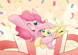 Size: 1712x1215 | Tagged: safe, artist:howxu, fluttershy, pinkie pie, earth pony, pegasus, pony, g4, andrea libman, birthday, blushing, confetti, cute, duo, one eye closed, present, wink