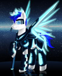 Size: 1280x1571 | Tagged: safe, artist:varaann, oc, oc only, oc:starchaser, armor, artificial wings, augmented, magic, magic wings, science fiction, solo, space, wings