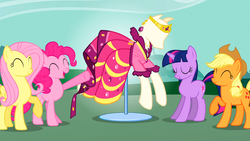 Size: 1366x768 | Tagged: safe, screencap, applejack, fluttershy, pinkie pie, twilight sparkle, pony, unicorn, g4, suited for success, clothes, digit street, dress, gala dress, unicorn twilight