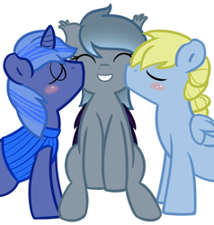 Size: 1095x1152 | Tagged: safe, artist:furrgroup, oc, oc only, oc:dreamscape, bat pony, pegasus, pony, blushing, cheek kiss, eyes closed, female, glasses, kiss sandwich, kissing, male, simple background, straight, sweater vest, trio, white background