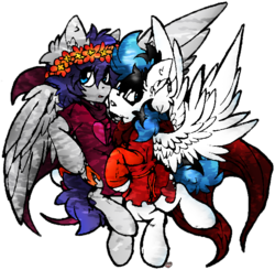 Size: 701x686 | Tagged: safe, artist:php166, oc, oc only, oc:frozen soul, oc:sweater weather, pegasus, pony, clothes, floral head wreath, flying, gay, god tier, hero of heart, hero of time, homestuck, male, oc x oc, page of time, stallion, thief of heart, wings