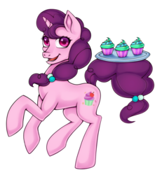 Size: 716x774 | Tagged: safe, artist:cruxisma, sugar belle, pony, unicorn, g4, my little pony: friendship is magic, the cutie map, cupcake, female, horn, prehensile tail, simple background, solo, tail hold, transparent background