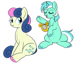 Size: 522x430 | Tagged: safe, artist:lulubell, bon bon, lyra heartstrings, sweetie drops, earth pony, pony, unicorn, g4, blushing, eyes closed, female, lesbian, looking back, lyre, open mouth, serenade, ship:lyrabon, shipping, simple background, singing, sitting, smiling, transparent background, underhoof, unshorn fetlocks