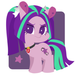 Size: 1700x1700 | Tagged: safe, artist:snow angel, aria blaze, earth pony, pony, equestria girls, g4, my little pony equestria girls: rainbow rocks, 2015, chibi, colored pinnae, disguise, disguised siren, earth pony aria blaze, equestria girls ponified, female, gem, lightly watermarked, looking at you, mare, ponified, purple background, simple background, siren gem, solo, standing, stars, transparent background, turned head, watermark