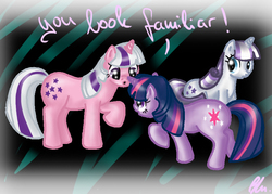 Size: 827x591 | Tagged: safe, artist:ramalllama, twilight, twilight sparkle, twilight velvet, g1, g4, my little pony 'n friends, dialogue, female, g1 to g4, generation leap, generational ponidox, looking at each other, mother and daughter