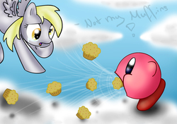 Size: 2480x1748 | Tagged: safe, artist:ramalllama, derpy hooves, pegasus, pony, puffball, g4, crying, female, kirby, kirby (series), mare, muffin, muffin denial