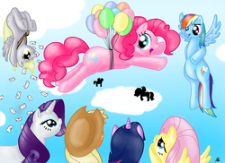Size: 3507x2550 | Tagged: safe, artist:ramalllama, applejack, derpy hooves, fluttershy, pinkie pie, rainbow dash, rarity, twilight sparkle, pegasus, pony, g4, background pony, balloon, cloud, cloudy, female, high res, letter, mailmare, mane six, mare, then watch her balloons lift her up to the sky
