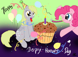 Size: 3507x2550 | Tagged: safe, artist:ramalllama, derpy hooves, pinkie pie, earth pony, pegasus, pony, g4, balloon, cake, candle, derpy day, derpy day 2012, female, hat, high res, mare, muffin, party, party hat, party horn